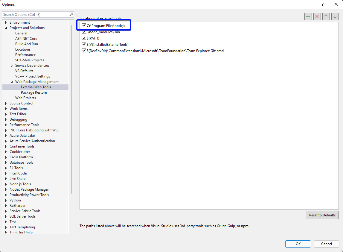 Visual Studio External Web Tools options